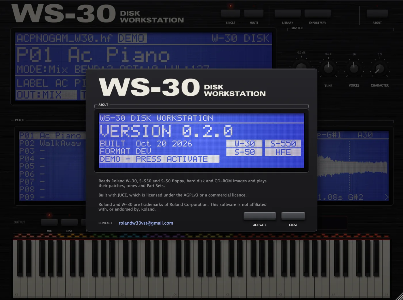 The About screen, showing the version, DEMO - PRESS ACTIVATE, and the ACTIVATE key