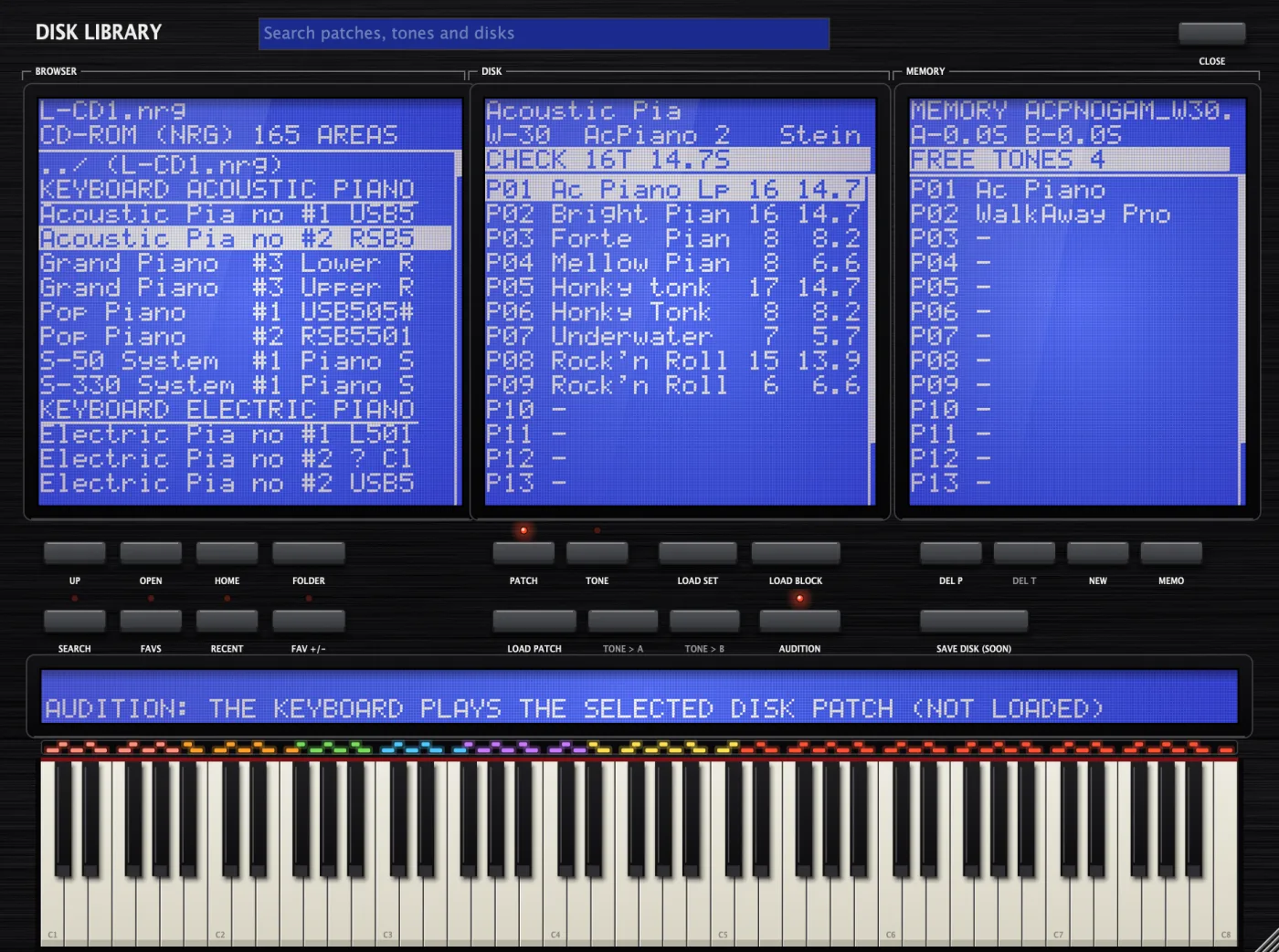 The disk library browsing the L-CD1 CD-ROM image, with an acoustic piano disk selected