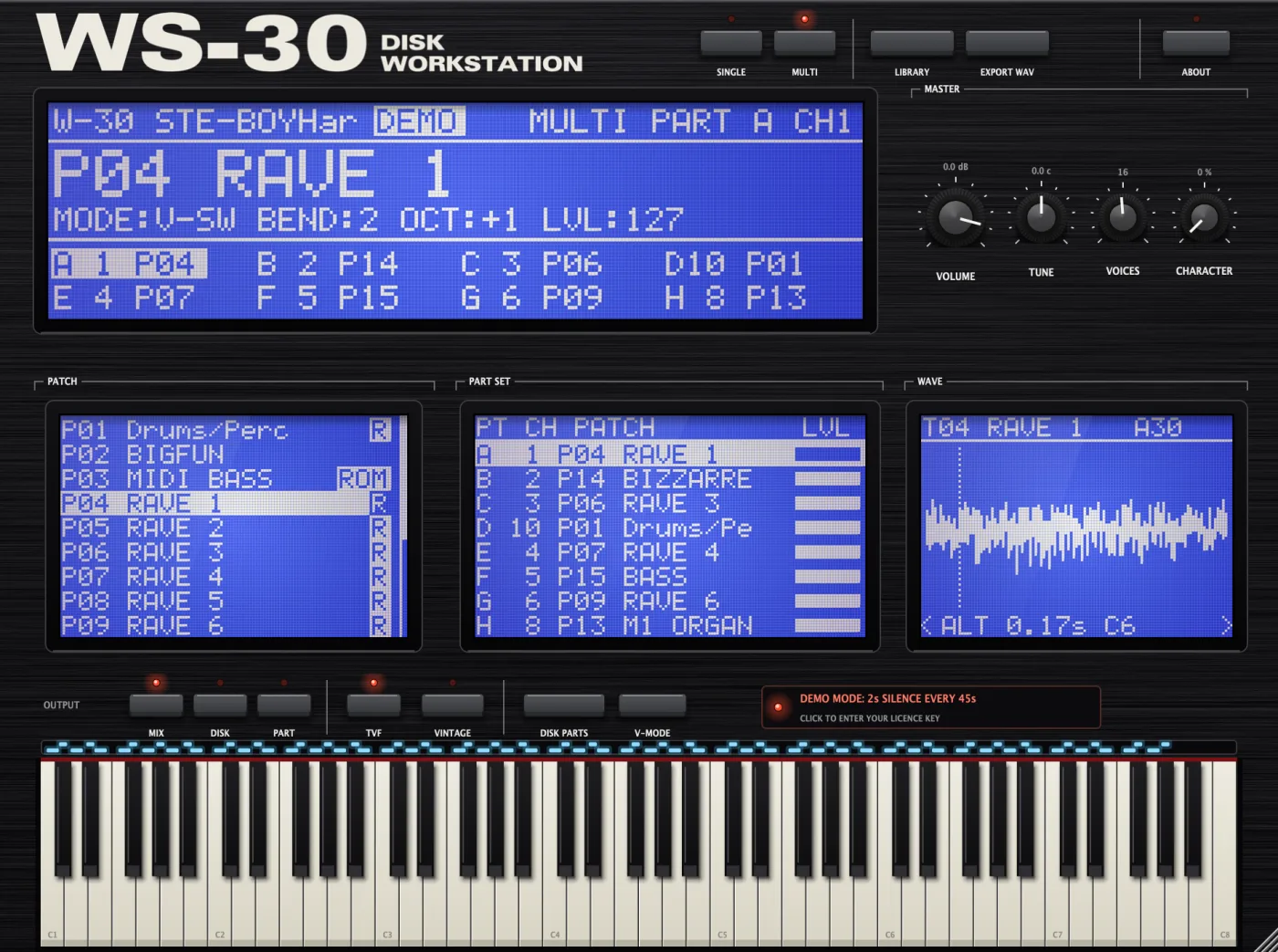 Multi mode, with the PART SET screen listing parts A to H