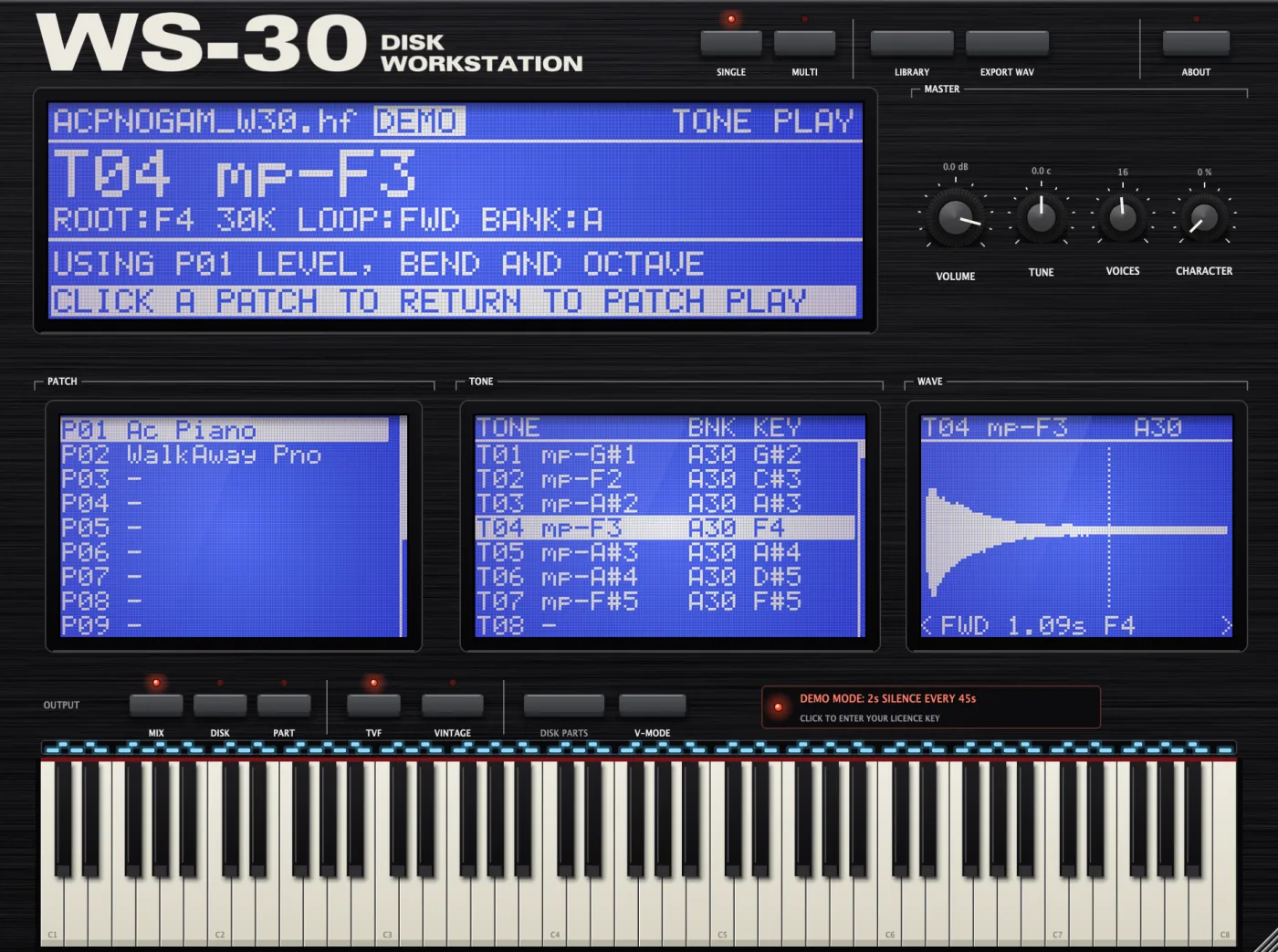 Tone Play, with the whole keyboard playing tone T04 mp-F3